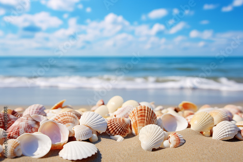 Seashells on the sandy beach in sunny weather