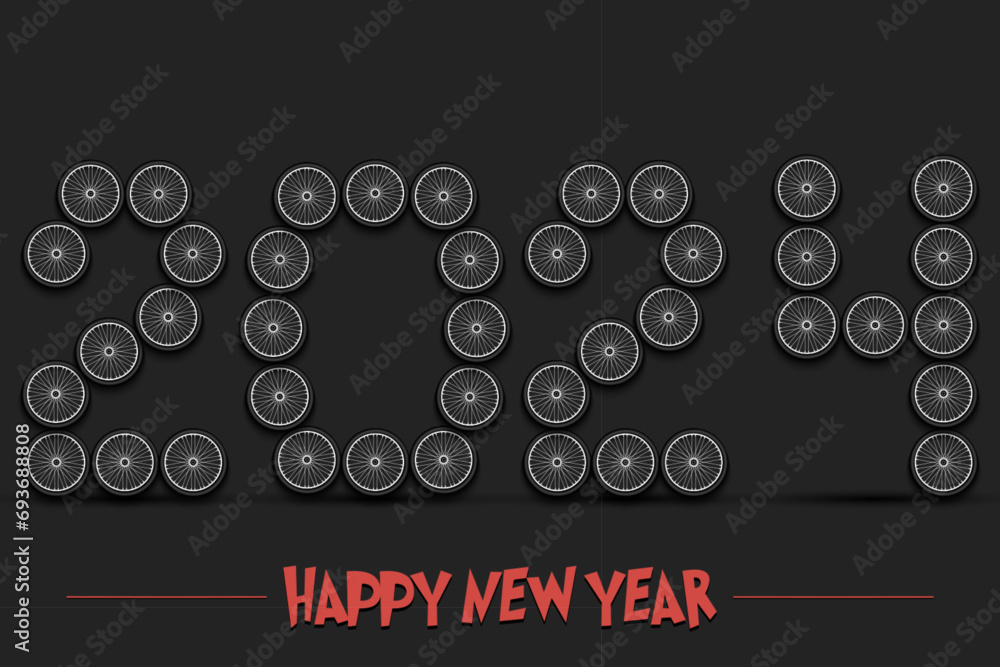 Happy New Year 2024 and bike wheel Happy New Year 2024 and bike wheel