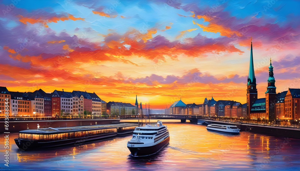 Fototapeta premium oil painting on canvas, Hamburg City at sunset. Germany.