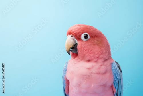 A vibrant pink parrot with a curious expression and a soft blue backdrop, showcasing its fluffy feathers and striking eyes.