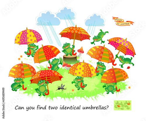 Logic puzzle game for children and adults. Can you find two identical umbrellas? Page for kids brain teaser book. Task for attentiveness.  IQ test. Play online. Vector cartoon illustration.