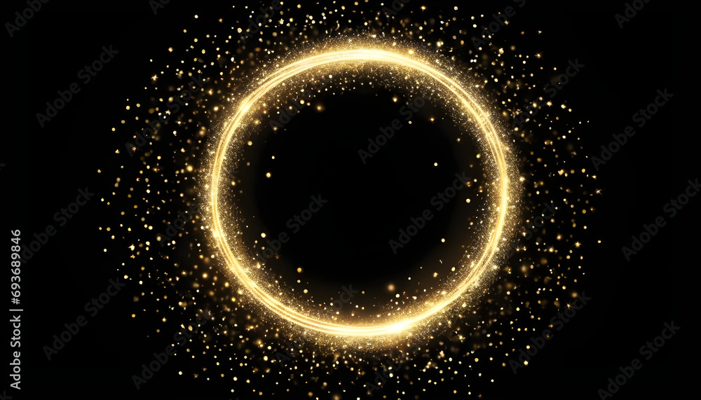 Naklejka premium Gold glitter circle of light shine sparkles and golden spark particles in circle frame on black background. Christmas magic stars glow, firework confetti of glittery ring shimmer