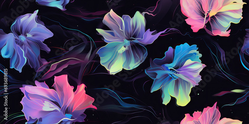 Neon Holographic Abstract Flowers Floating on a dark Background, Tiling Texture, Watercolor 
