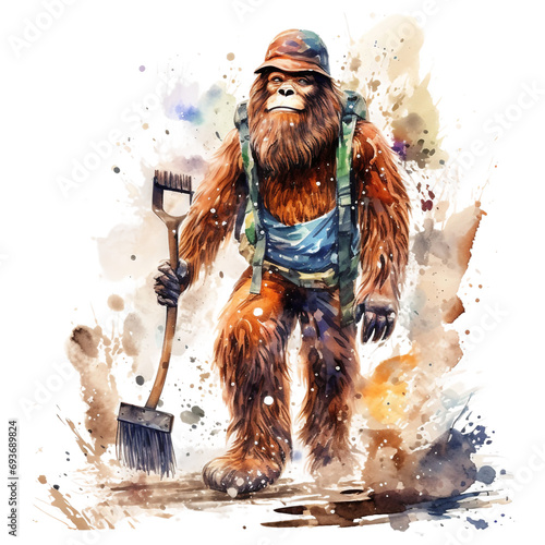 Watercolor Bigfoot, isolated, Sasquatch Wearing a hat and carrying a shovel, looking for ancient artefacts, helmet and space module, bright image, watercolour style on white backgroundImage