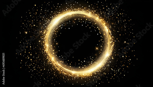 Gold glitter circle of light shine sparkles and golden spark particles in circle frame on black background. Christmas magic stars glow, firework confetti of glittery ring shimmer photo