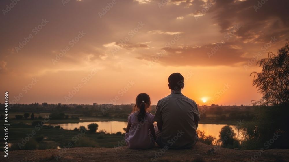 father and daughter, their backs turned, embracing the beauty of a sunset - a heartwarming display of fatherhood.