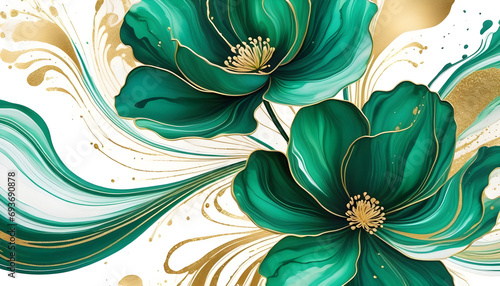 Abstract marbled ink liquid fluid watercolor painting texture banner - Dark greenpetals, blossom flower swirls gold painted lines, isolated on white background. photo