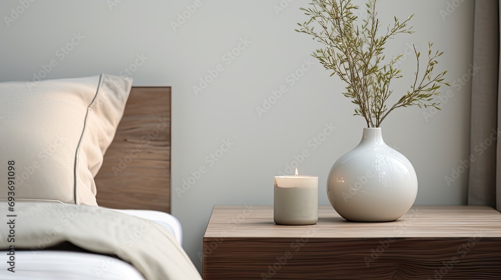 composition in the interior of a blue spruce branch, a vase and candles on a white bedside table. Well-balanced composition promotes realism composition in the interior of a blue spruce branch, a vase and candles on a white bedside table. Well-balanced composition promotes realism