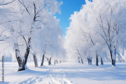 Beautiful snowy trees in the park or forest