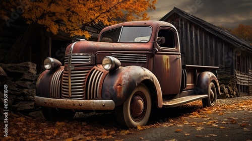 an old truck with unique details, aged textures and nostalgic elements. Rustic features such as faded paint, dents and classic designs