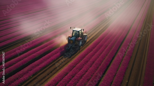 tractor in action over a tulip field. Moments showing tractor movement and chemical spraying