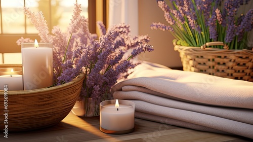 composition with wicker basket, rolled towel and lavender flowers. This improves the overall mood and adds a touch of calm to the scene