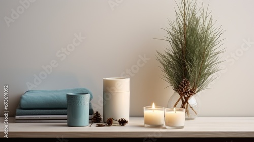 composition in the interior of a blue spruce branch  a vase and candles on a white bedside table. Well-balanced composition promotes realism