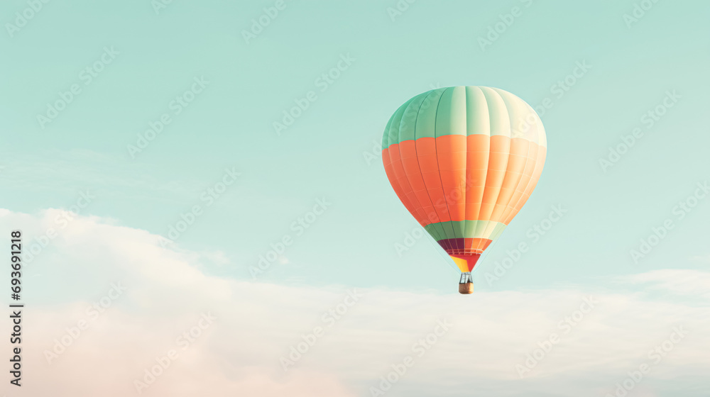 Fototapeta premium A colorful hot air balloon floats in a clear sky above soft clouds, conveying a sense of adventure and tranquility.