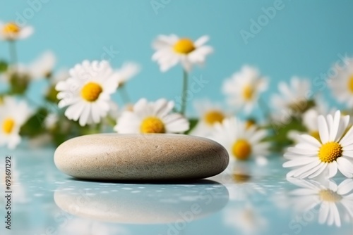 Pebble stone cosmetic podium with chamomile flowers on bright turquoise background. Cosmetic display product stand. generative ai.