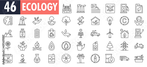 Ecology line icons set. Renewable energy outline icons collection. Solar panel, recycle, eco, bio, power, water and more.