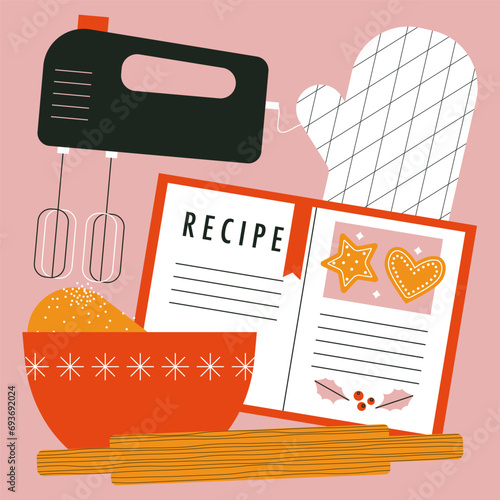 Cooking cookies concept. Recipe book. Preparation winter dessert. Process. Kitchen utensils, kitchenware for cooking and baking. Flat vector illustration. Trendy abstract style. Scandinavian design.