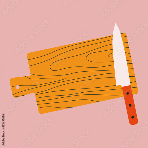 Kitchen knife and cutting board. Cooking, food, kitchen vector design elements. Kitchen utensils, kitchenware for cooking and baking. Flat vector illustration. Trendy abstract style.