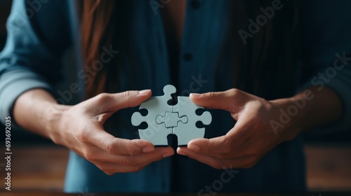 Hands of woman and man holding puzzles, symbolizing unity and collaboration.