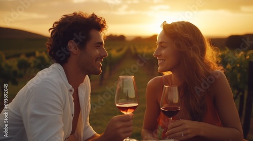 Couple sharing a romantic moment amidst sunset in a vineyard with glasses of wine.