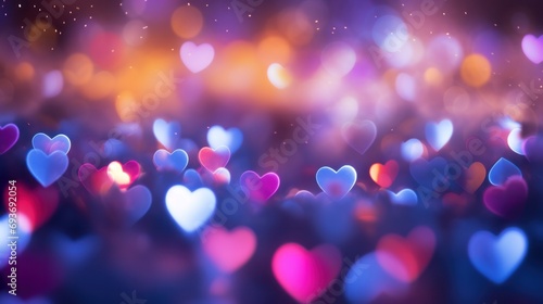 Valentine's Day heart-shaped bokeh lights illuminating in vibrant colors, representing a glowing and captivating texture