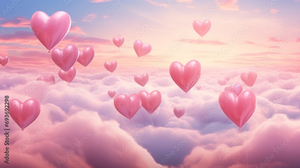 Heart-shaped balloons floating amidst a pink-hued, celestial canvas, creating a dreamy Valentine's Day wallpaper of ethereal romance - Clouds of Love.