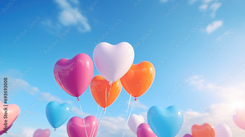 Colorful heart-shaped balloons floating in the air bring joy and happiness.