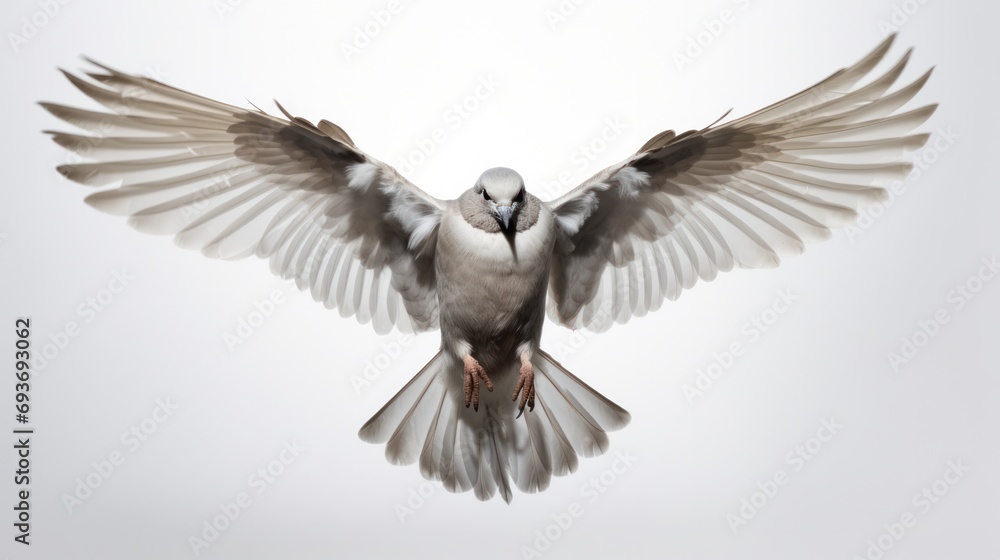 Obraz premium Front view of a majestic flying dove against a clear background.