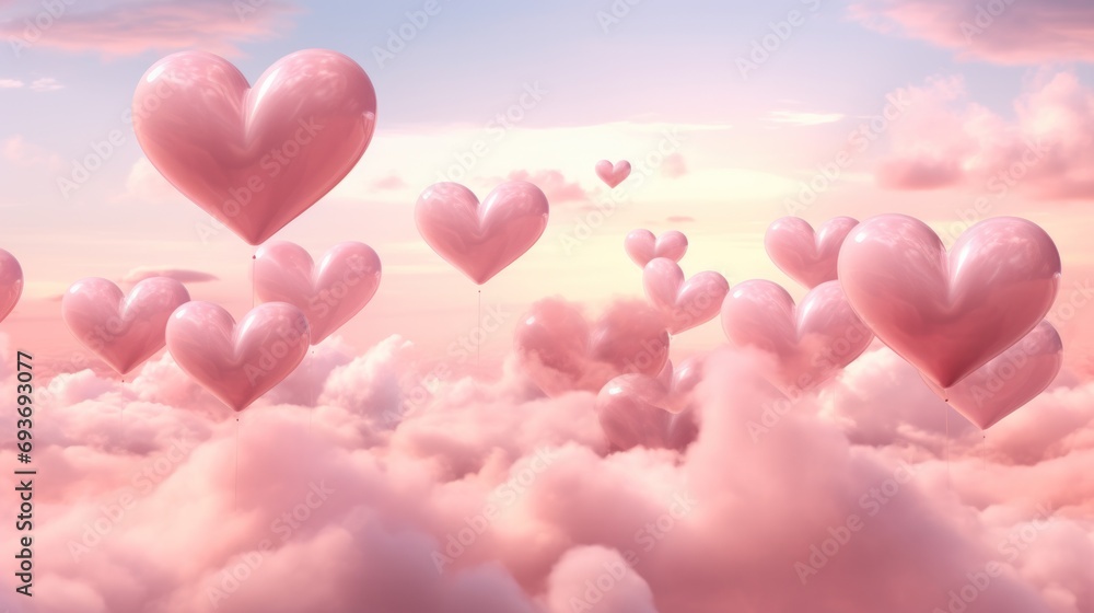 Dreamy Valentine's Day Wallpaper with Heart-Shaped Balloons Floating amidst Pink Clouds of Love and Celestial Canvas, Creating an Ethereal Romance