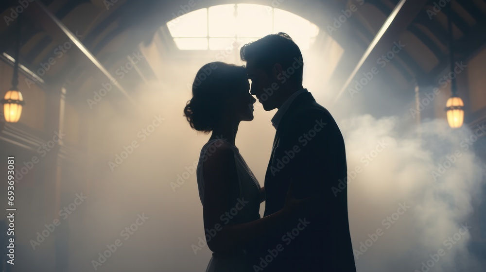 A couple shares parting glances in a nostalgic 1940s train station surrounded by steam and vintage ambiance. - obrazy, fototapety, plakaty 