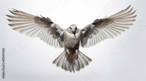 Front view of a majestic flying dove against a clear background.