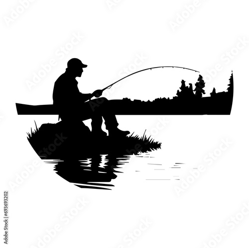 man with fishing pole Vector Silhouette.