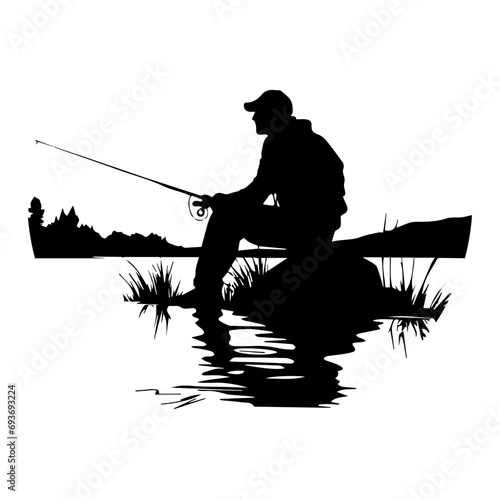 man with fishing pole Vector Silhouette.