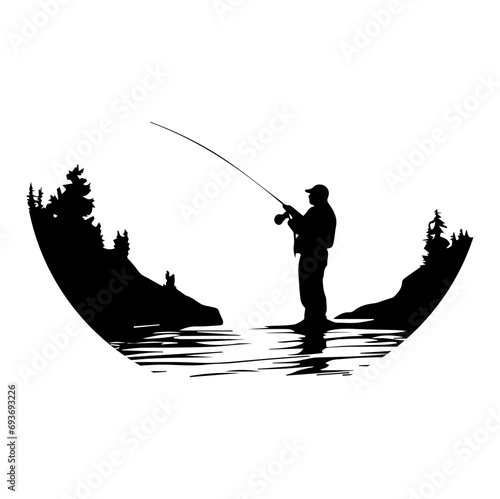 man with fishing pole Vector Silhouette.