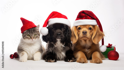 Cat and dogs in christmas hats laying together on the white background