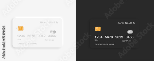 Neomorphism light white and dark black plastic bank credit card template with chip and shadow. Internet payment icon. Eps 10 vector icons