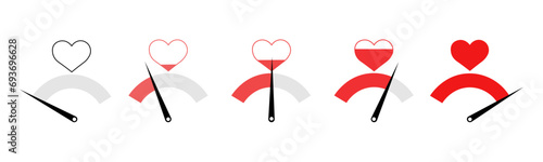 A set of vector love scale icons, an indicator or a meter with a red heart, a love test, icons on a white background, eps10