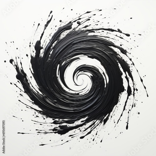 Hand Painted Black Spiral on a white background, acrylic paint, splatters, movement, simple design element, abstract background, wallpaper, simple black and white shape, swirl, vortex, black hole photo
