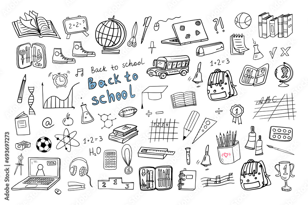 Big set of school icons. Back to school. Education. Doodle style. Good for textile fabric design, wrapping paper, banner, posters, cards, stickers, professional design and website wallpapers. Big set of school icons. Back to school. Education. Doodle style. Good for textile fabric design, wrapping paper, banner, posters, cards, stickers, professional design and website wallpapers.
