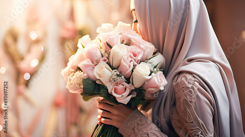 Arab woman in pastels, smiles holding flowers, empowerment, diversity.