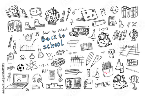 Big set of school icons. Back to school. Education. Doodle style. Good for textile fabric design, wrapping paper, banner, posters, cards, stickers, professional design and website wallpapers.