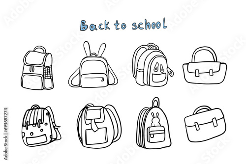 Cute set of backpack icons. Rucksack, knapsack, haversack, packsack. Back to school. Education. Doodle style. Great for banner, posters, cards, stickers, professional design. Hand drawn