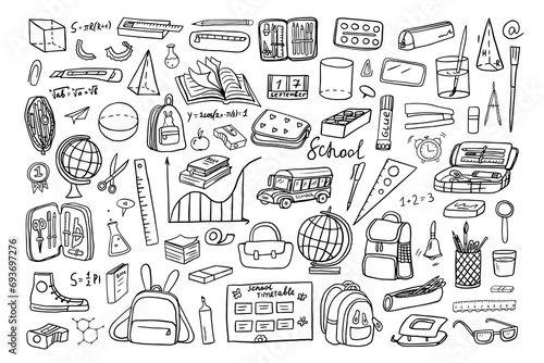 Cute set of school icons. Back to school. Education. Doodle style. Great for textile fabric design, wrapping paper, banner, posters, cards, stickers, professional design and website wallpapers.