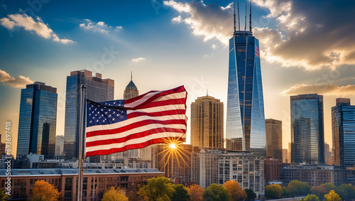 city skyline, Illustration of american flag , A close - up shot of an American flag, A close - up shot of an American flag,Generative AI