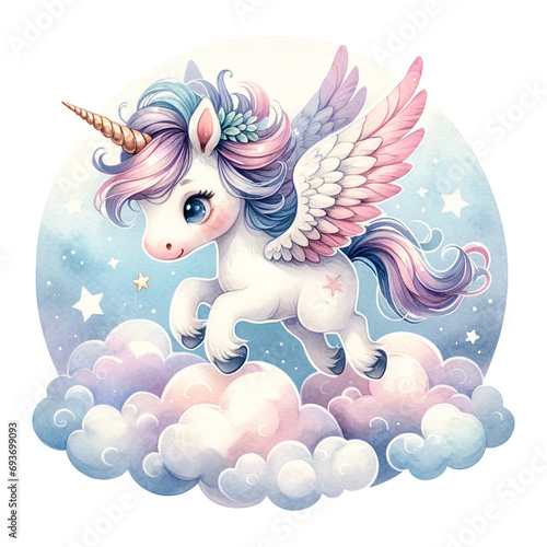 A winged unicorn soaring among fluffy clouds and stars