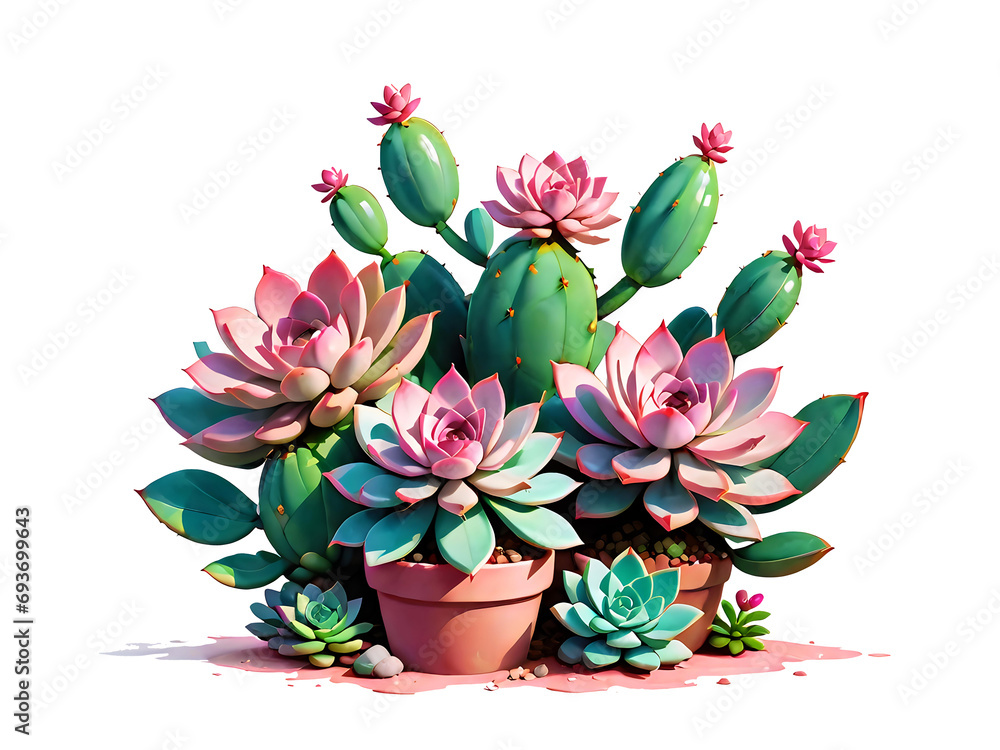 succulents green with pink, isolated on transparent background clipart, drawing on white background, ready design for t-shirt or use