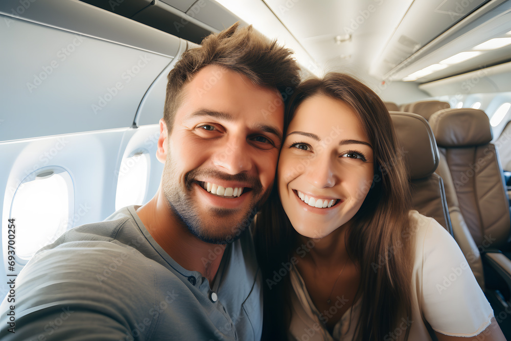 Happy tourist taking a selfie inside an airplane - Vacation and Transportation Concept Happy tourist taking a selfie inside an airplane - Vacation and Transportation Concept