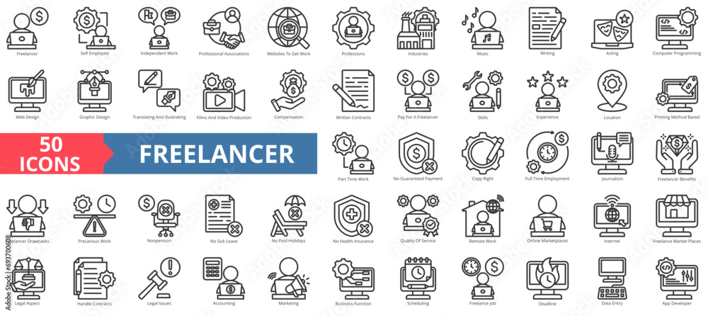Freelancer icon collection set. Containing self employed,independent work,professional,website,worker,industries,skills icon. Simple line vector illustration. Freelancer icon collection set. Containing self employed,independent work,professional,website,worker,industries,skills icon. Simple line vector illustration.