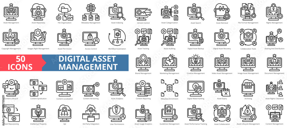 Digital asset management icon collection set. Containing repository,cloud file ,database ,indexing,version control,cms,content  icon. Simple line vector illustration. - obrazy, fototapety, plakaty 