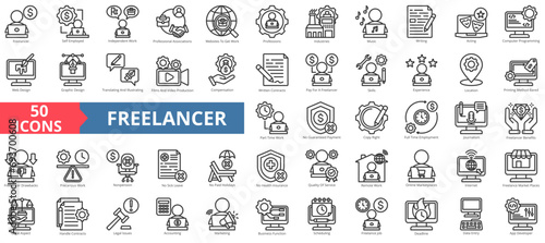 Freelancer icon collection set. Containing self employed,independent work,professional,website,worker,industries,skills icon. Simple line vector illustration.